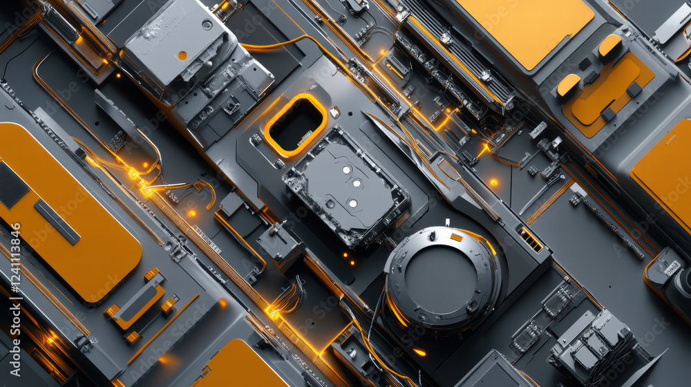 Poster close up of futuristic circuit board with orange and gray components, showcasing intricate details a