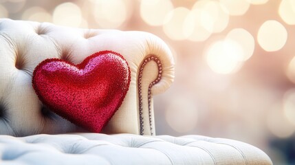 Sparkling Red Heart Pillow on Elegant Sofa with Blurry Background