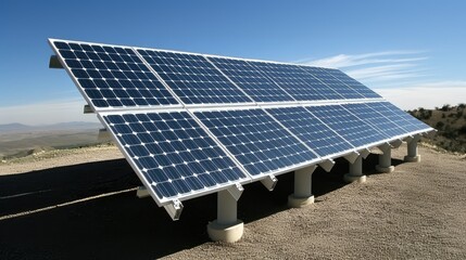 Solar Panel Array in Remote Location Under Clear Blue Sky
