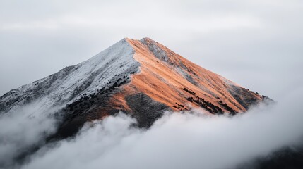 Stunning Mountain Peak Bathed in Orange Light Under Cloudy Sky