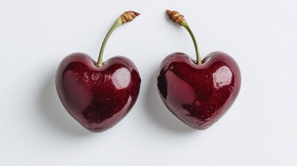 Two Heart-Shaped Cherries on White Background for Freshness Concept