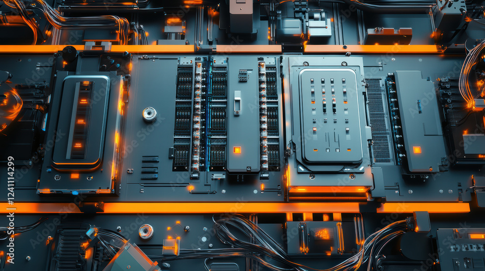 Poster close up of futuristic robot assembly line featuring electric car battery components, showcasing int