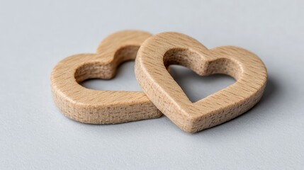 Two Interlocking Wooden Heart Shapes on Soft Gray Background