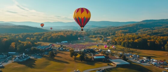 Fototapeta premium Colorful hot air balloons soar over scenic valley festival atmosphere autumn landscape aerial view adventure for all