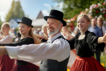 Joyful Welsh group dancing traditional festival outdoors, St. David's Day celebration