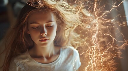 Calm young woman with closed eyes and her hair charged with golden static electricity creating mesmerizing visual effect of energy flow and power in mysterious glowing environment
