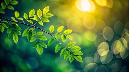 Low Light Green Branch Leaves, Minimalist Nature Photography, Soft Light Background