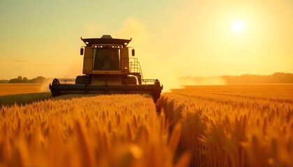 Fototapeta premium Golden Hour Harvest: A Combine Harvester Gathers Wheat at Sunset