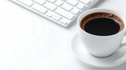 A steaming cup of black coffee on a sleek white surface next to a modern keyboard, ideal for work or relaxation.