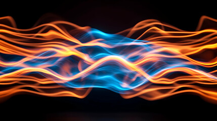 Abstract blue and orange wave energy flow, dark background, digital art, website banner