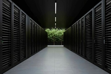 Modern data center hallway with green trees
