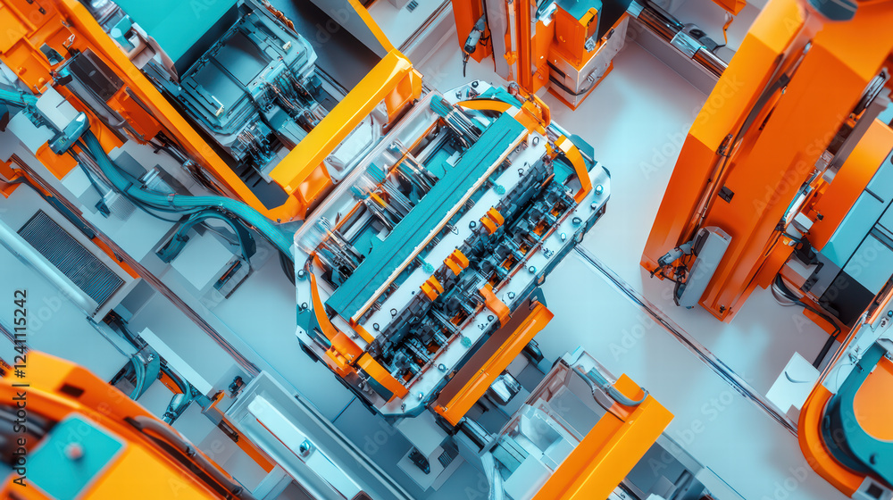 Poster dynamic robot assembly line with electric car battery components, showcasing advanced technology and