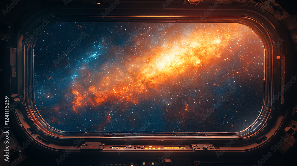 Poster galactic view from a spacecraft window showcasing colorful celestial formations