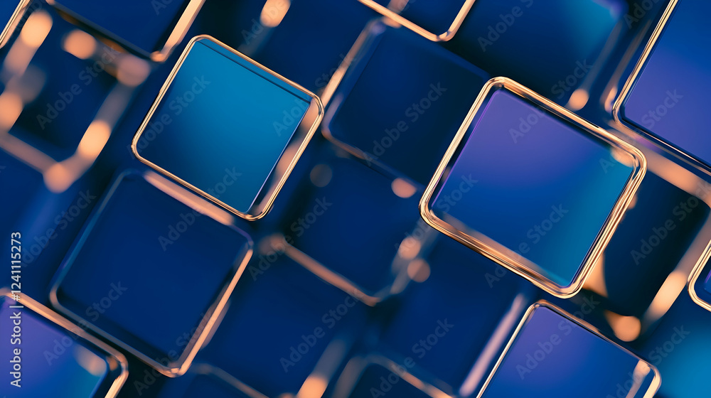 Poster abstract blue cubes, diagonal pattern, bokeh background, tech design