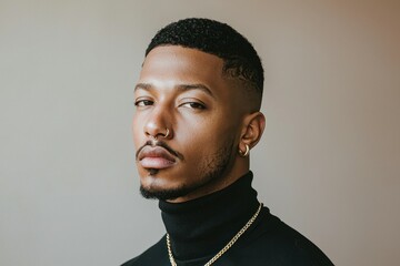 Obraz premium Fashion-Forward Man with Bold Jewelry A trendsetting man with a high-fashion look, featuring a single large hoop in his left ear and a bold bridge piercing across the top of his nose. His sleek black 