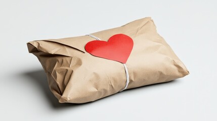Wrapped Gift with Red Heart on Craft Paper in a Minimalist Style