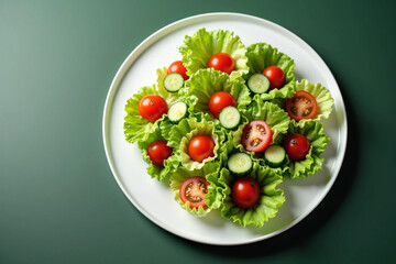 Fresh and Colorful Salad with Crisp Lettuce, Cherry Tomatoes, and Cucumber Slices on a Ceramic Plate Healthy Vegan Meal with Natural Lighting, Perfect for a Nutritious Diet and Food Photography Inspir