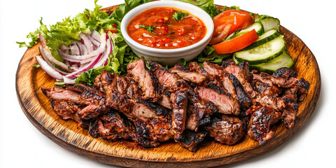 rustic platter of Middle Eastern shawarma with fresh vegetables and sauce