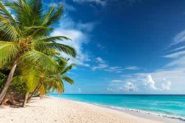 Obraz premium Sandy beach with coconut palm trees in the turquoise sea on Paradise island. Royalty high-quality free best stock of Panoramic beach landscape. Inspire tropical beach seascape horizon, Summer vacation