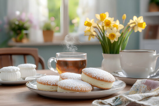 Cozy table for traditional breakfast with tea, Welsh biscuits and yellow daffodils flowers, St. David's Day celebration