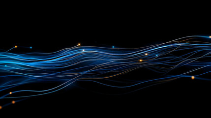 Abstract blue light waves flowing on black background; digital art for tech header