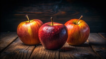 Low Light Still Life: Three Apples, One Sliced, on Rustic Wood