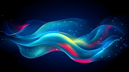 Abstract blue neon wave, glowing particles, dark background, digital art, website banner