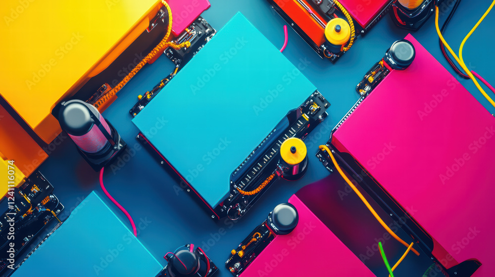 Aufkleber dynamic assembly line with colorful electric components and wires. vibrant colors and intricate desi
