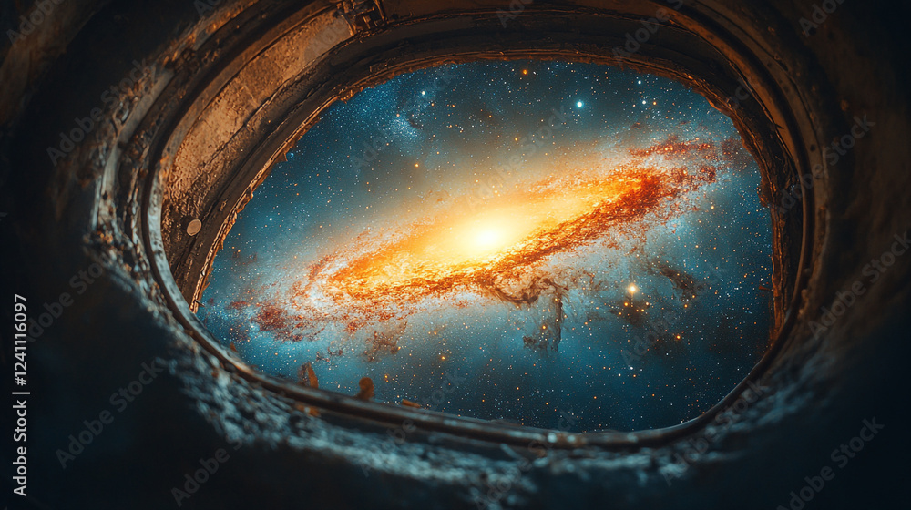 Poster view of a vibrant galaxy from a spacecraft window during deep space exploration
