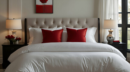 hotel room with bed and pillows