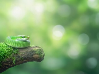 Fototapeta premium Vibrant Green Snake Resting on Mossy Perch 