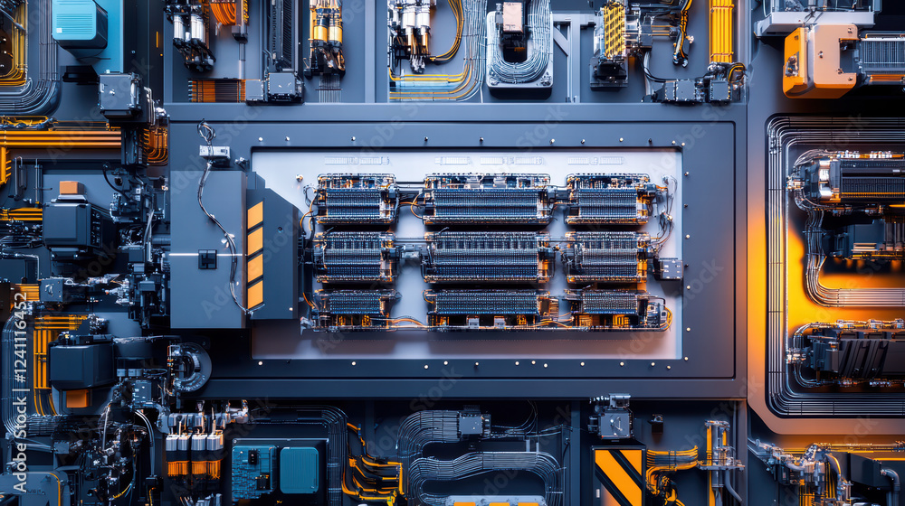 Poster dynamic industrial control panel with electric components and wiring, showcasing advanced technology