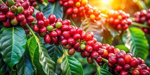 Lush Coffee Plant with Ripe Red Cherries, Close-up Shot