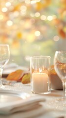 Autumn Table Setting with Candlelight and Leaves
