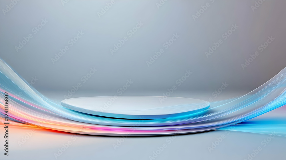 Poster abstract colorful light waves around a round pedestal. product display background