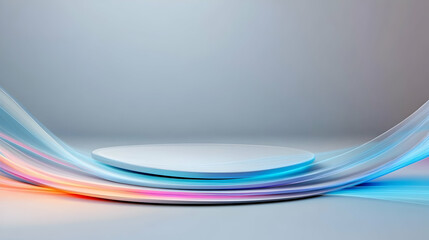 Fototapeta premium Abstract colorful light waves around a round pedestal. Product display background
