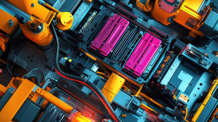 Fototapeta premium Dynamic robot assembly line featuring electric car batteries in vibrant colors. intricate machinery showcases advanced technology and automation in modern manufacturing
