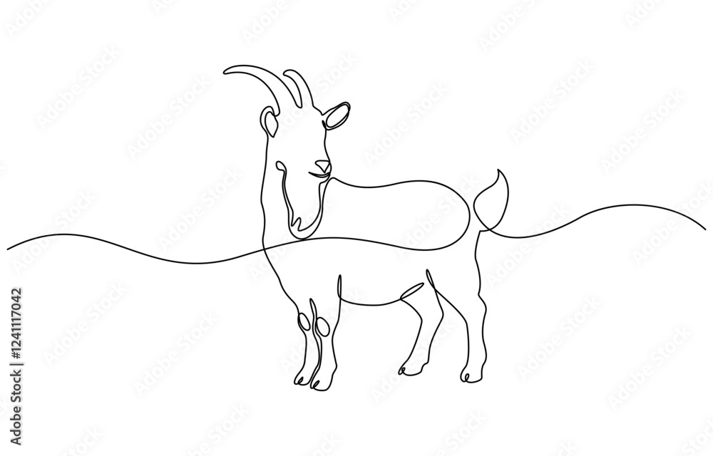 Poster goat sheep one continuous single line hand drawn isolated background, continuous line drawing of she