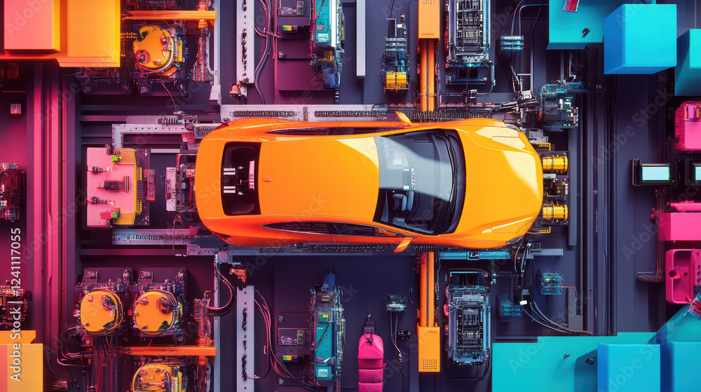 Aufkleber dynamic robot assembly line with electric car battery components, showcasing vibrant colors and adva