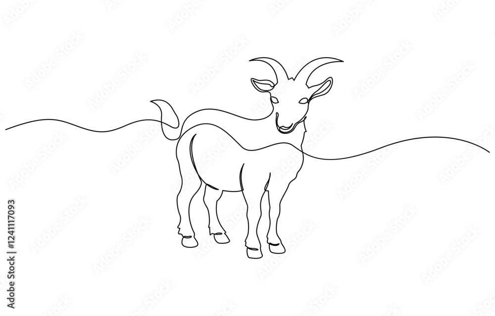 Poster goat sheep one continuous single line hand drawn isolated background, continuous line drawing of she