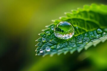 Dewdrop Reflection on Green Leaf
