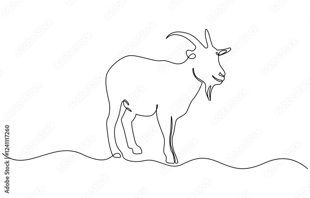 Poster goat sheep one continuous single line hand drawn isolated background, continuous line drawing of she