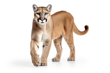 Obraz premium Majestic Male Cougar Walking - Isolated Wildlife Predator on White Background (3:2 ratio)
