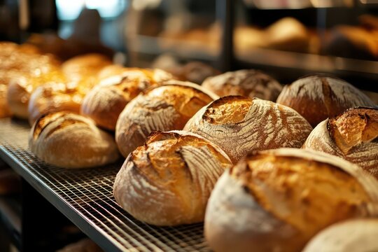 freshly baked bread displayed in a bustling bakery kitchen, showcasing the delightful process of artisanal baking with an inviting and warm atmosphere