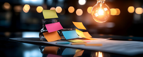 Illuminated Ideas, Sticky Notes & Bright Bulb Synergy, Boosting Creativity and Productivity in the Workplace, Nighttime