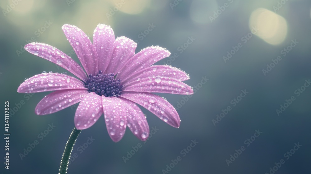 Poster an artistic composition of a single flower stem with dew-covered petals against a blurred background