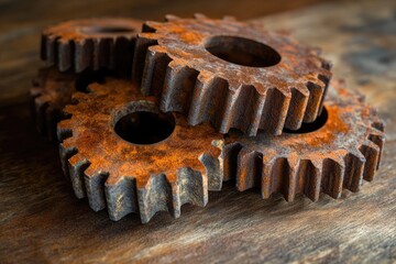 Rusty metal gears stacked on a wooden surface, showcasing age and intricate detail.