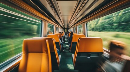 Fototapeta premium An interior shot of a high-speed train cabin, featuring comfortable seating, large windows, and passengers enjoying the smooth ride, highlighting a luxurious travel experience.