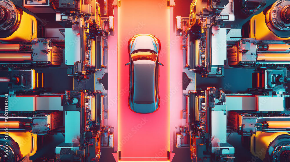 Poster dynamic robot assembly line with electric car battery, showcasing advanced technology and automation