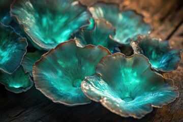 Naklejka premium Cluster of vibrant teal mushrooms on dark wood, showcasing intricate textures and bioluminescence.